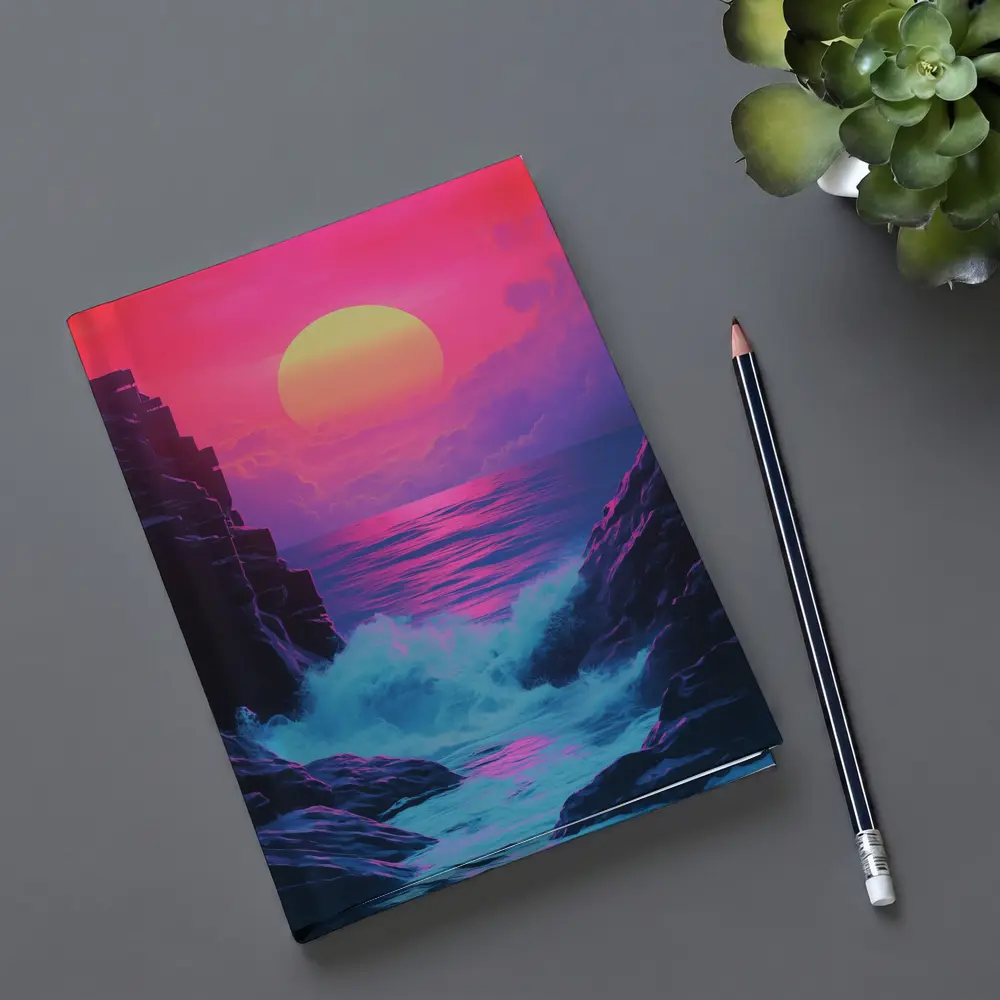 Retro Synthwave Sunset Ocean Rocky Coast – Notebooks