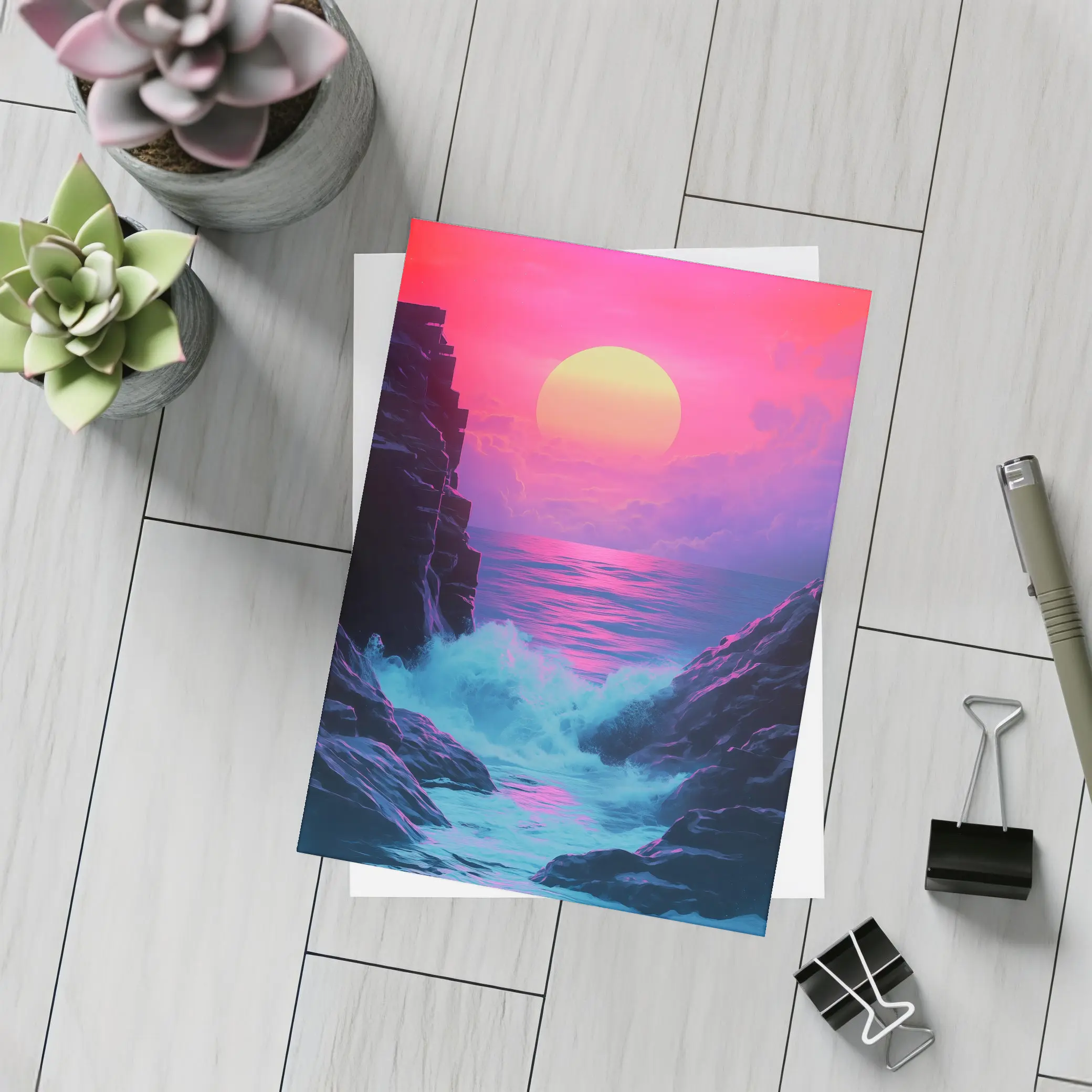 Retro Synthwave Sunset Ocean Rocky Coast – Postcards