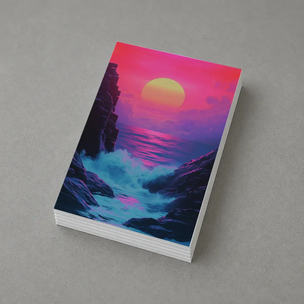 Retro Synthwave Sunset Ocean Rocky Coast – Postcards
