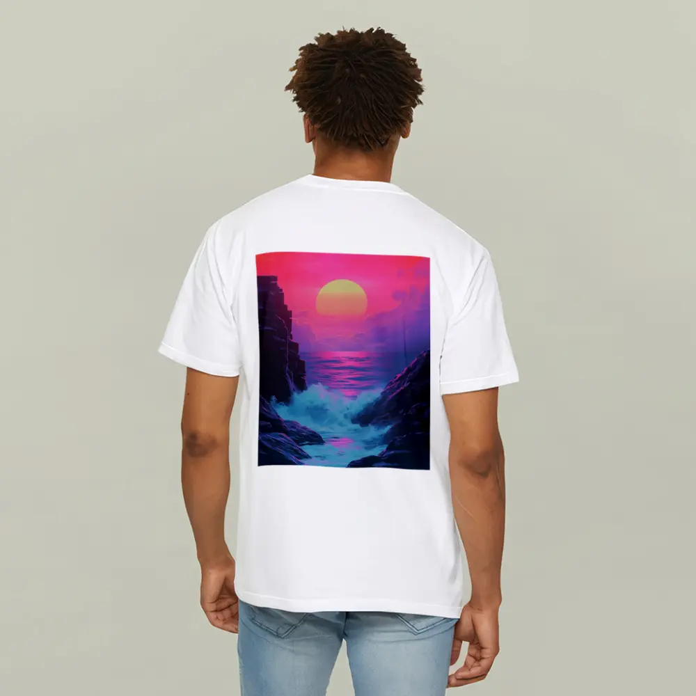 Retro Synthwave Sunset Ocean Rocky Coast – T-Shirts