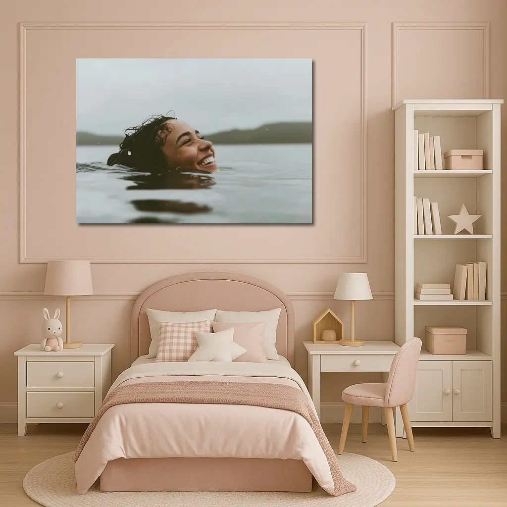 Smiling Woman Swimming In Misty Lake – Wall Art