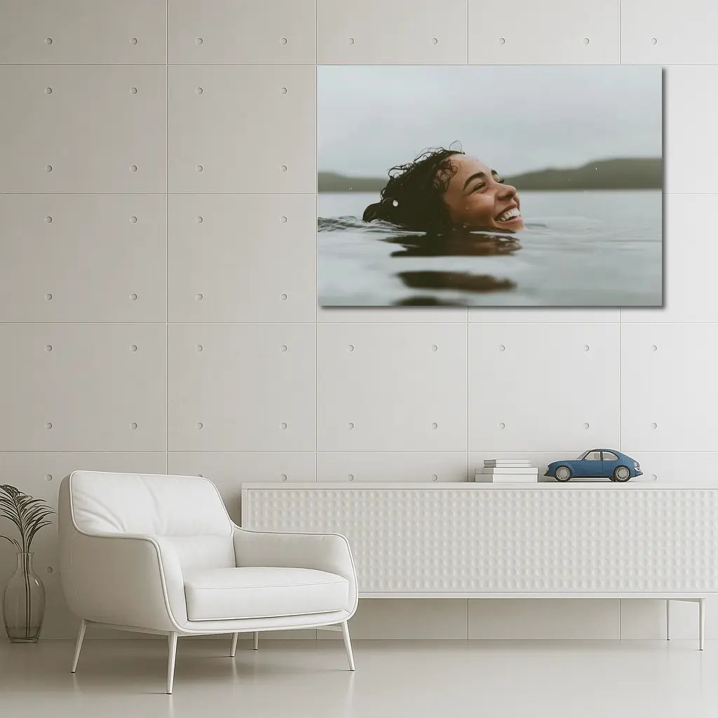 Smiling Woman Swimming In Misty Lake – Wall Art