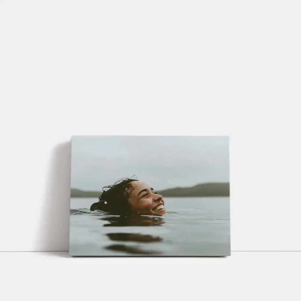 Smiling Woman Swimming In Misty Lake – Wall Art