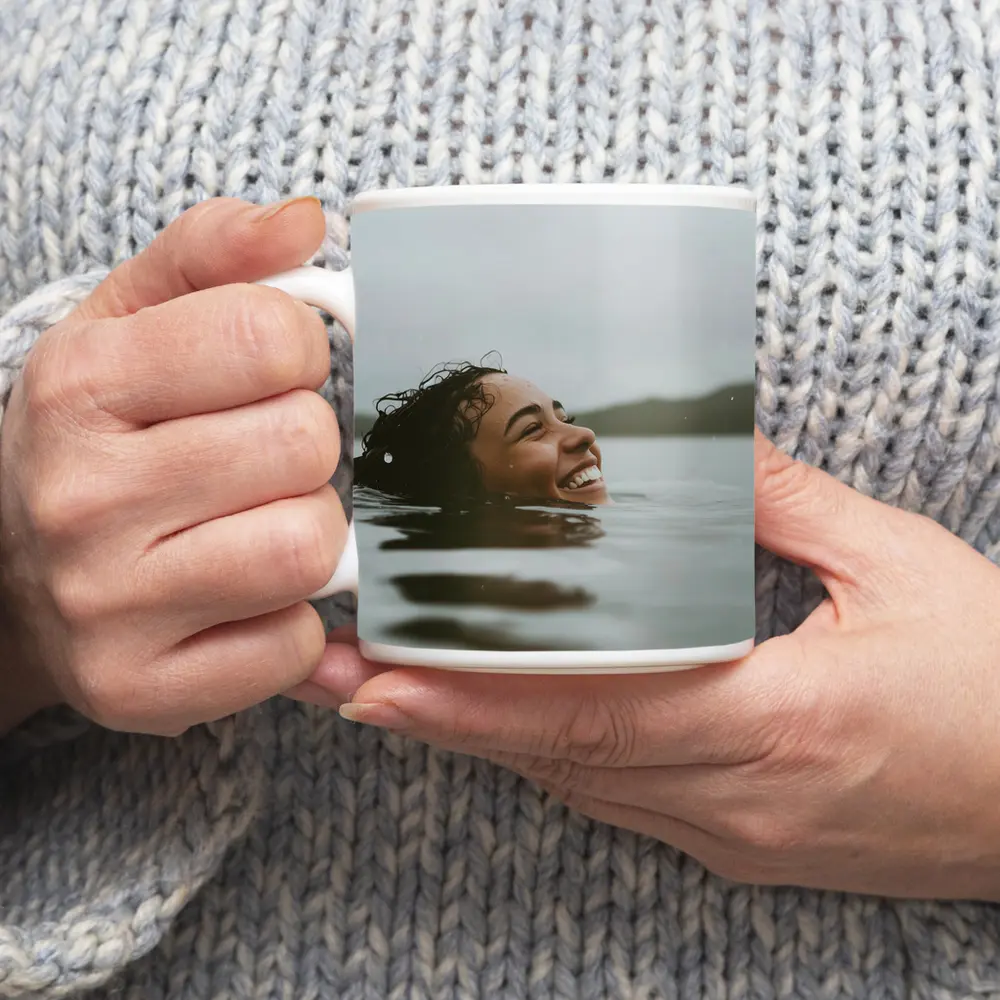 Smiling Woman Swimming In Misty Lake – Mugs
