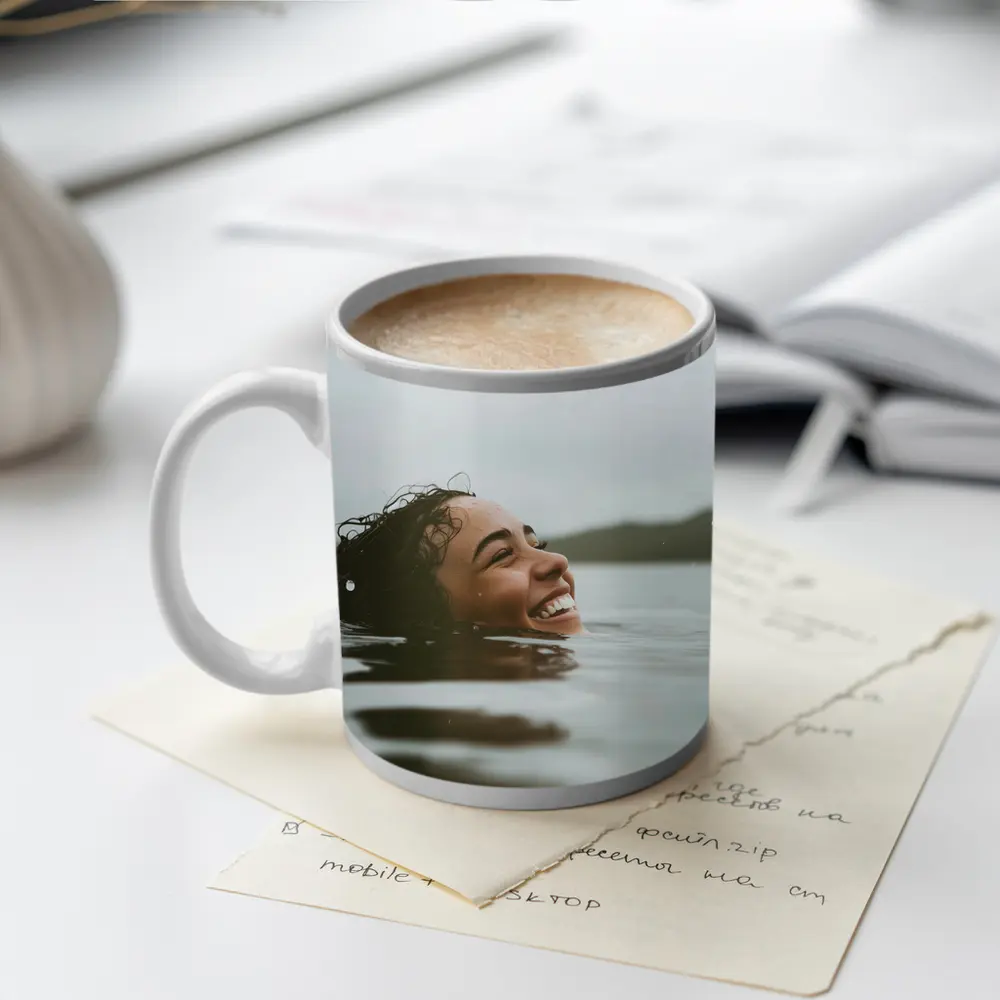 Smiling Woman Swimming In Misty Lake – Mugs