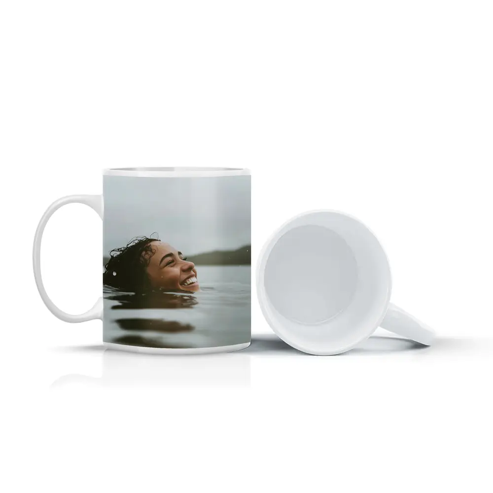 Smiling Woman Swimming In Misty Lake – Mugs