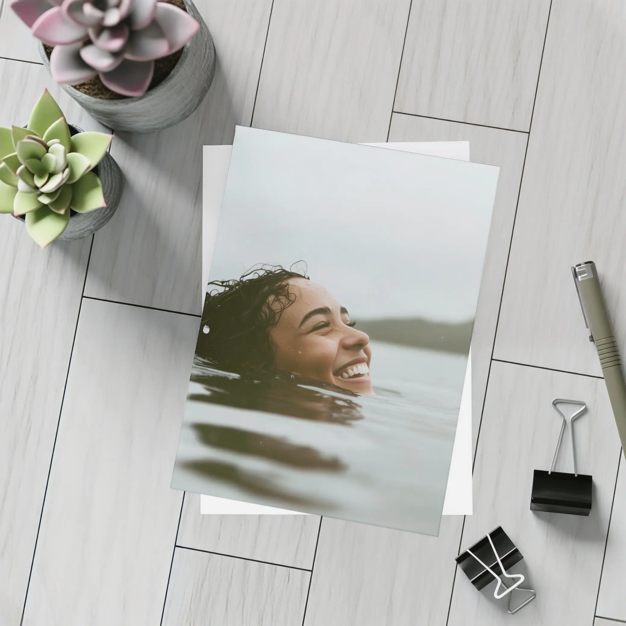 Smiling Woman Swimming In Misty Lake – Postcards