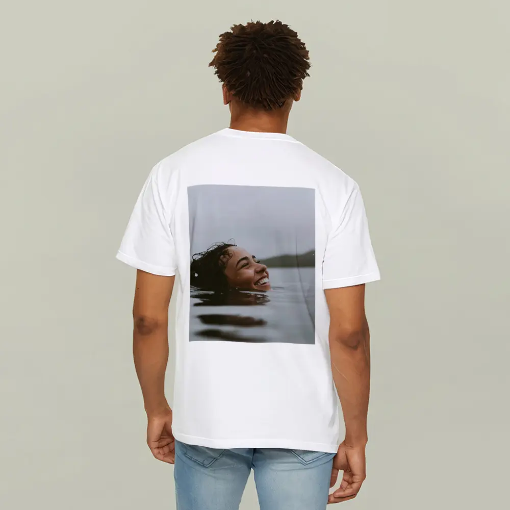 Smiling Woman Swimming In Misty Lake – T-Shirts