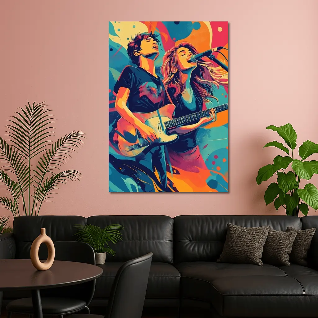 Rock Band Duo Guitar Singer Colorful Art – Wall Art