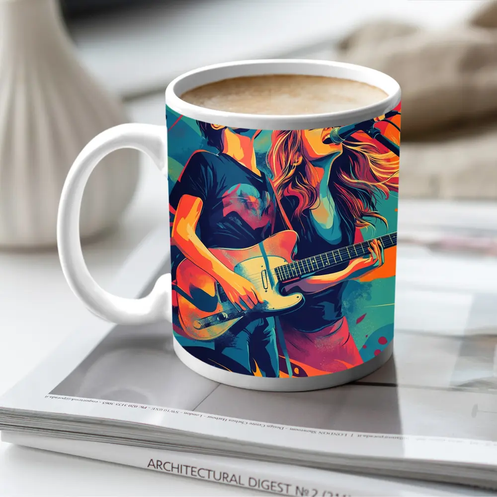 Rock Band Duo Guitar Singer Colorful Art – Mugs