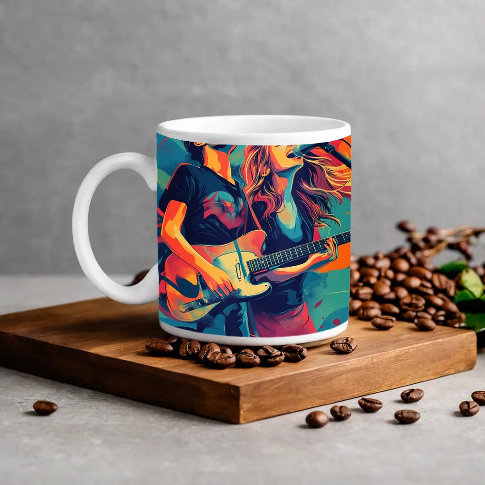 Rock Band Duo Guitar Singer Colorful Art – Mugs