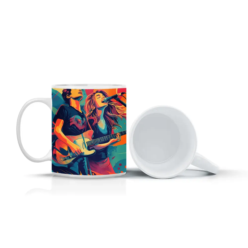 Rock Band Duo Guitar Singer Colorful Art – Mugs