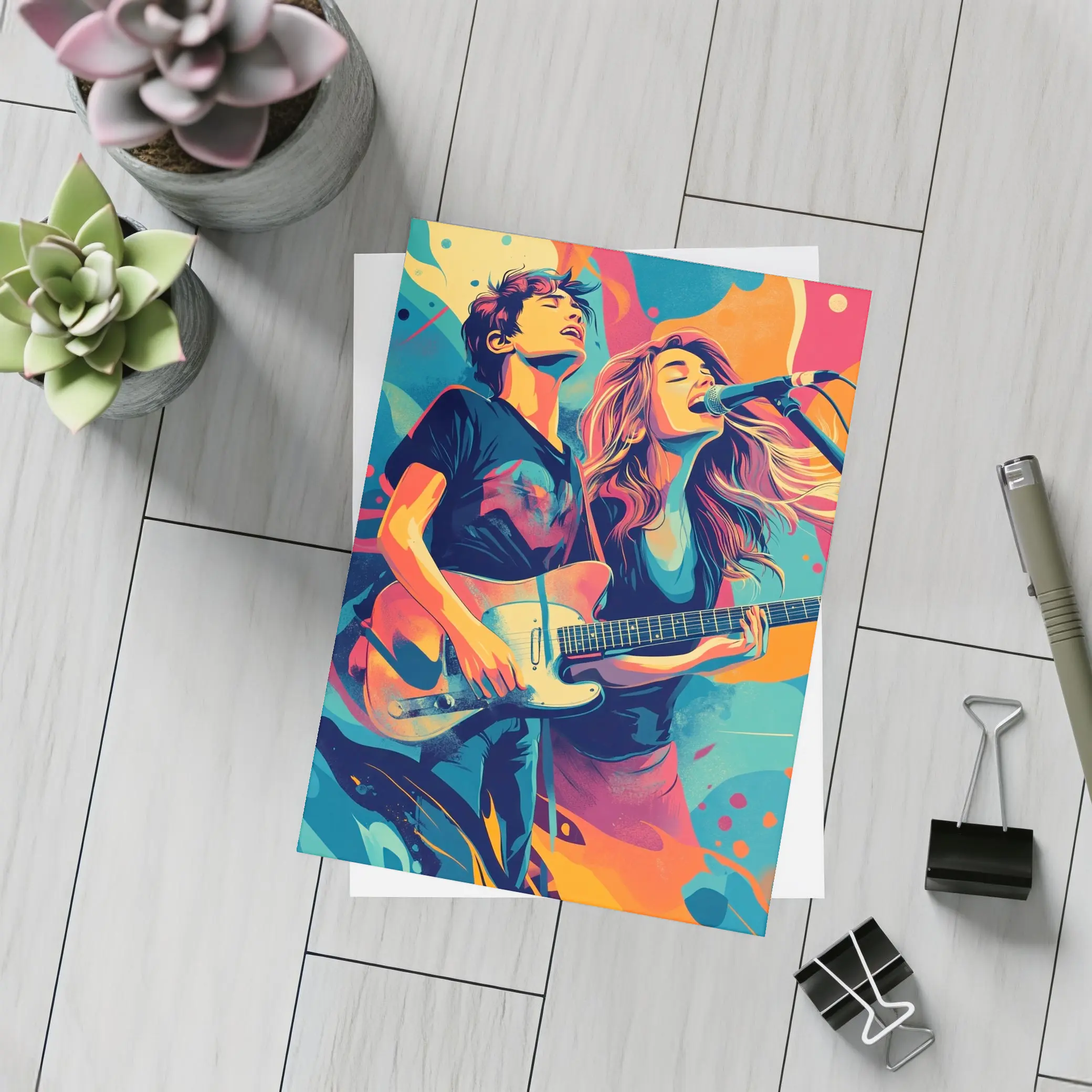 Rock Band Duo Guitar Singer Colorful Art – Postcards