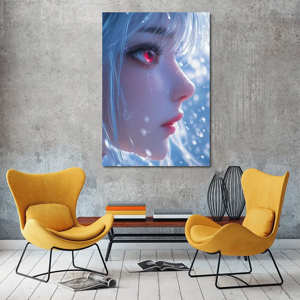 Anime Girl Red Eyes White Hair Snow – Wall Art