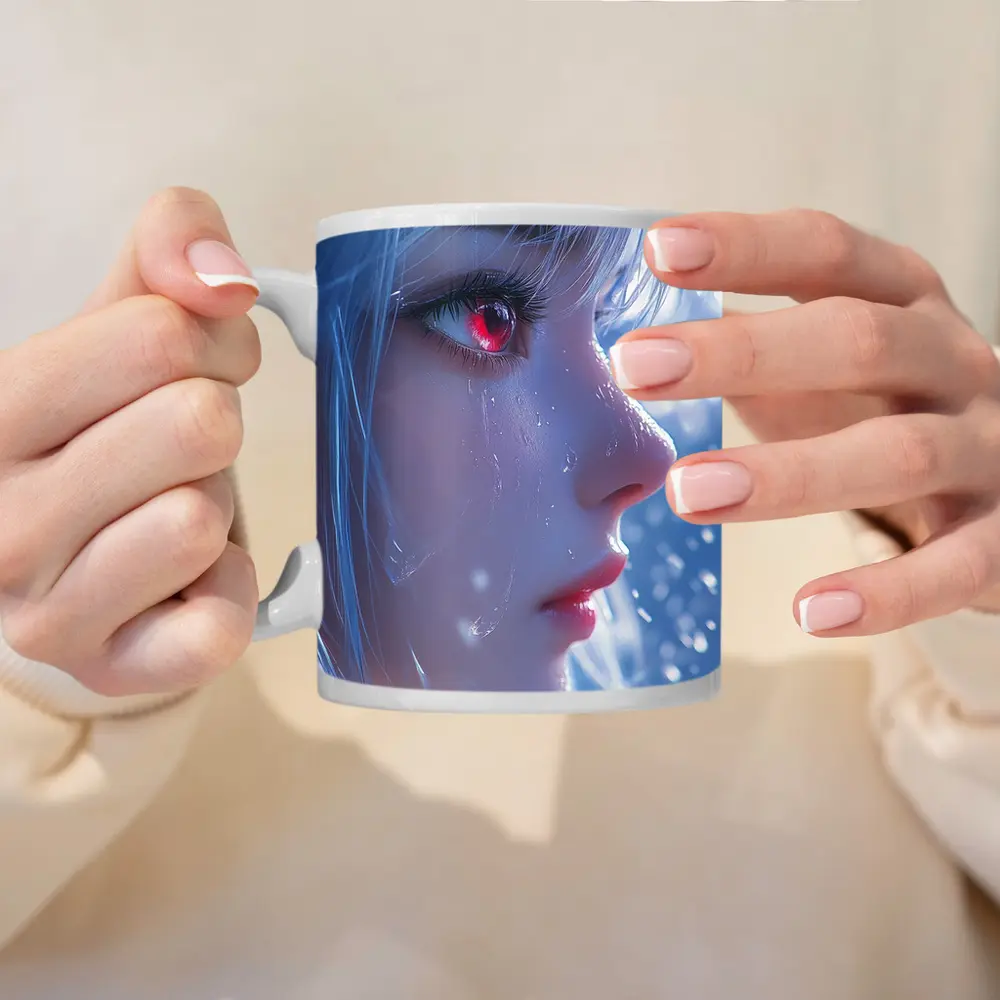 Anime Girl Red Eyes White Hair Snow – Mugs