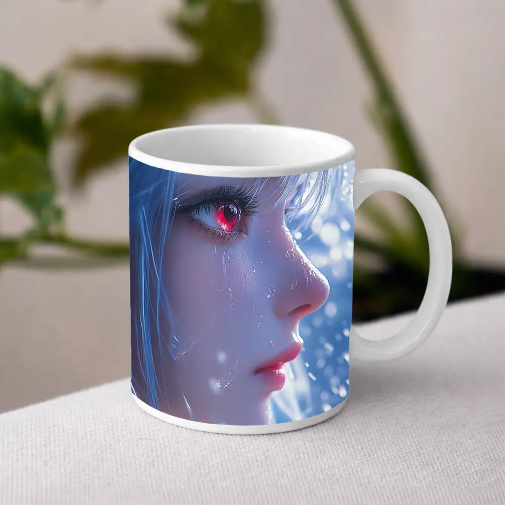 Anime Girl Red Eyes White Hair Snow – Mugs