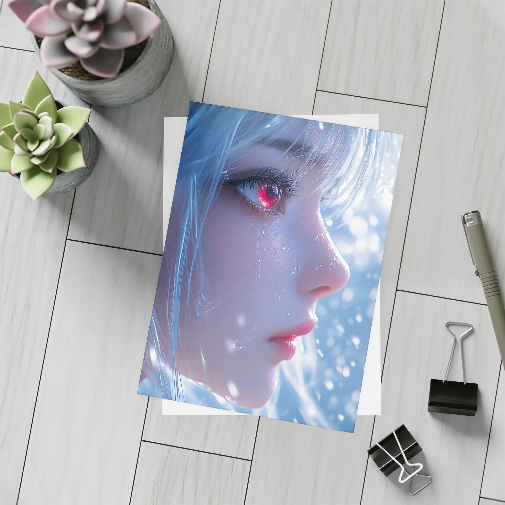 Anime Girl Red Eyes White Hair Snow – Postcards