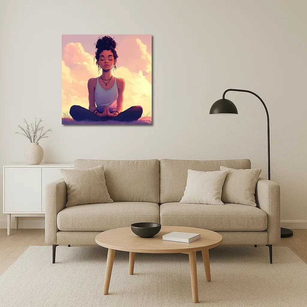 Meditating Woman Lotus Pose Sunset Sky – Wall Art