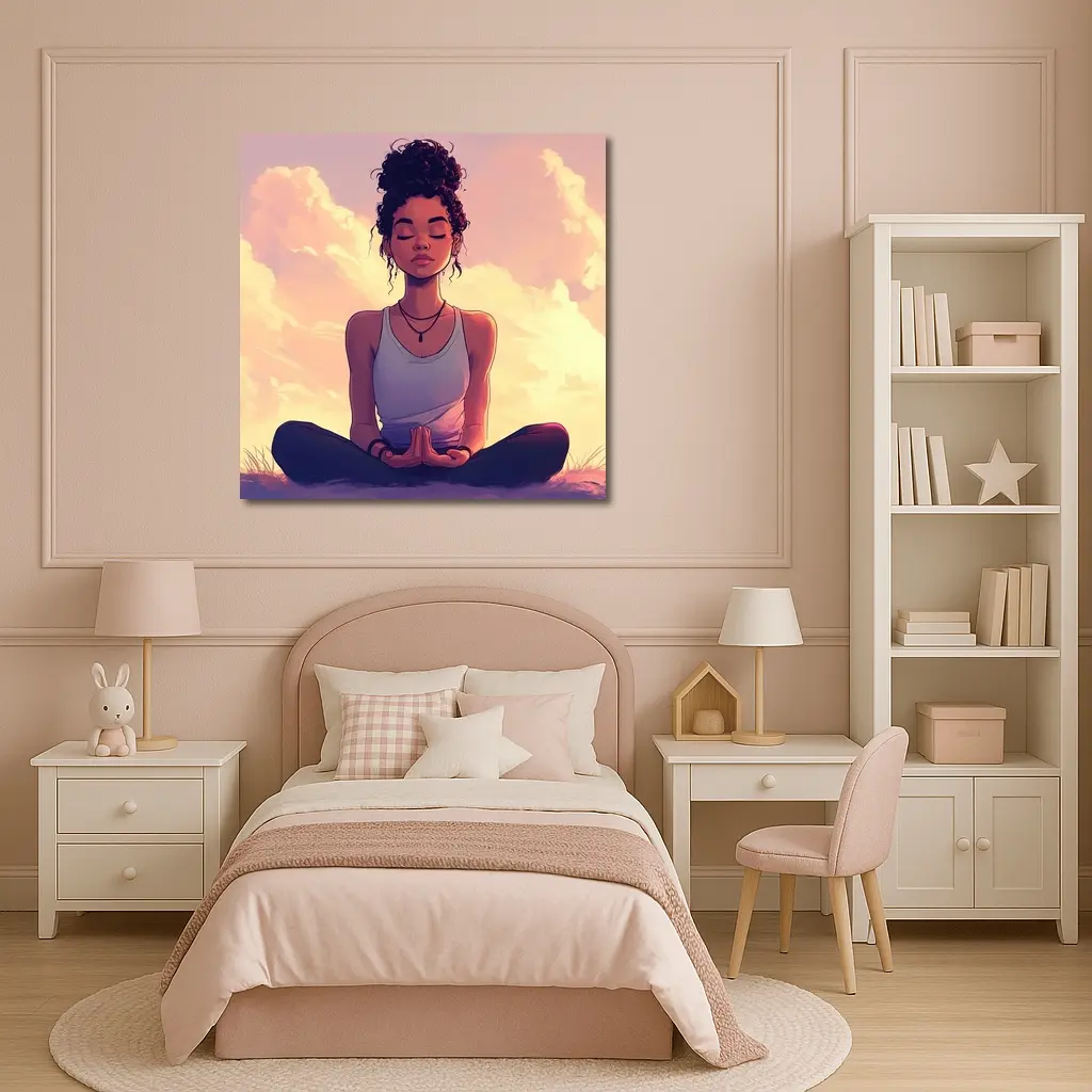 Meditating Woman Lotus Pose Sunset Sky – Wall Art
