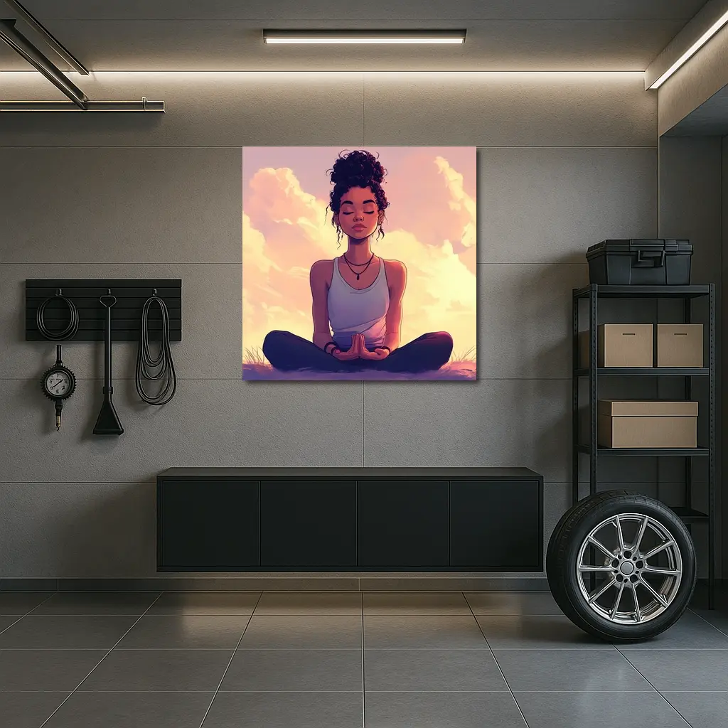 Meditating Woman Lotus Pose Sunset Sky – Wall Art
