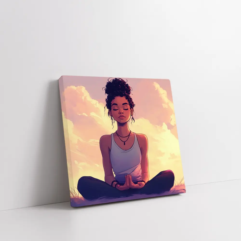 Meditating Woman Lotus Pose Sunset Sky – Wall Art