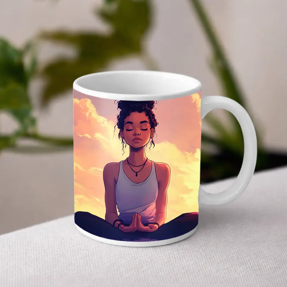 Meditating Woman Lotus Pose Sunset Sky – Mugs