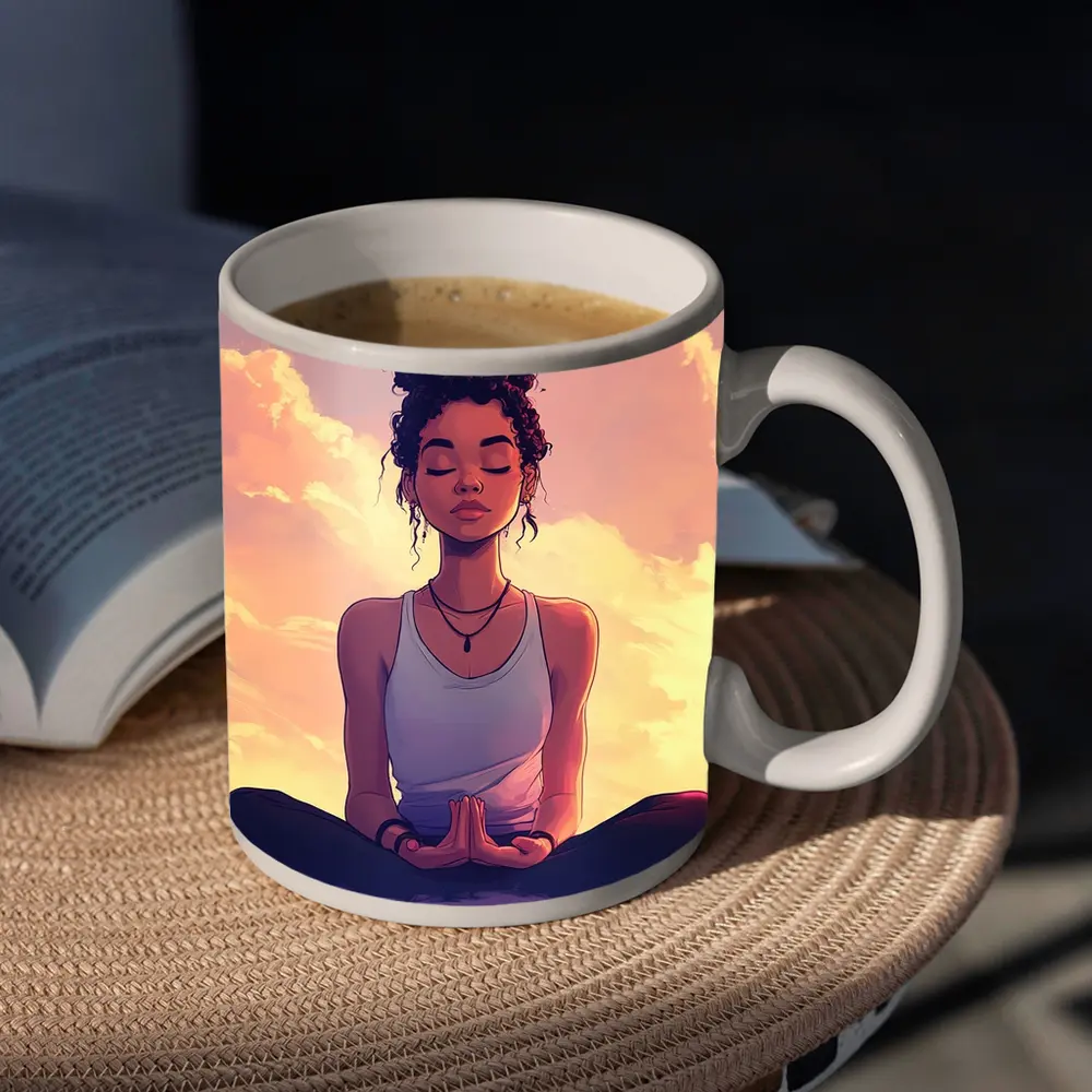Meditating Woman Lotus Pose Sunset Sky – Mugs