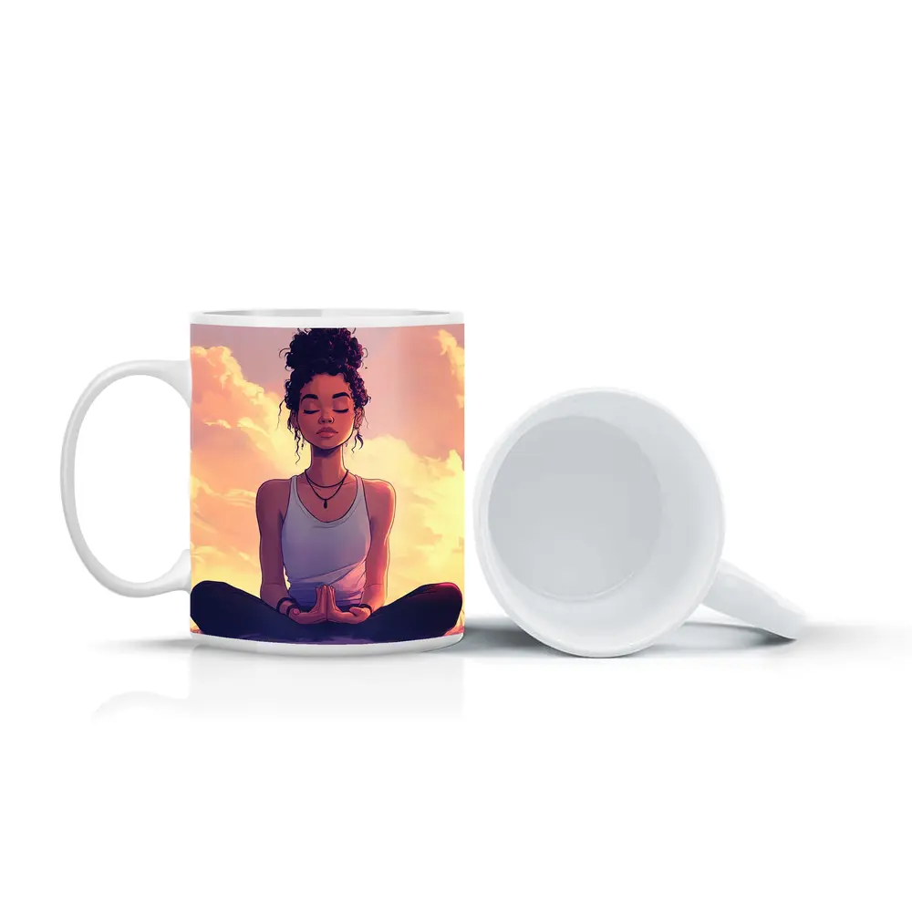 Meditating Woman Lotus Pose Sunset Sky – Mugs