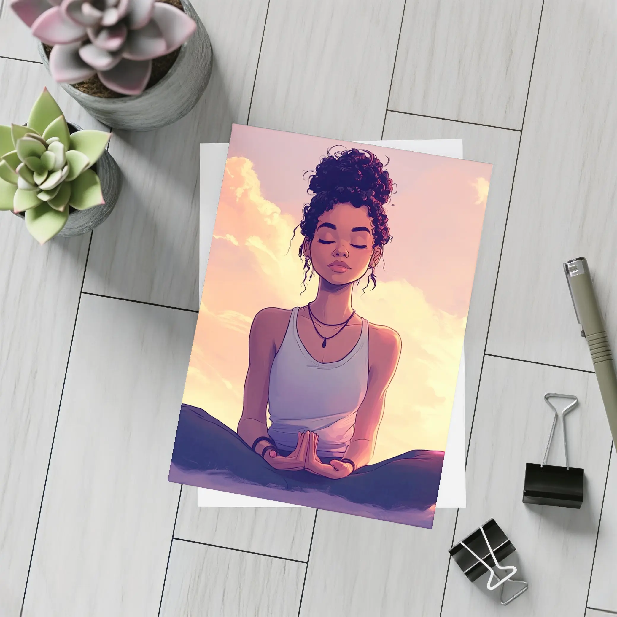 Meditating Woman Lotus Pose Sunset Sky – Postcards