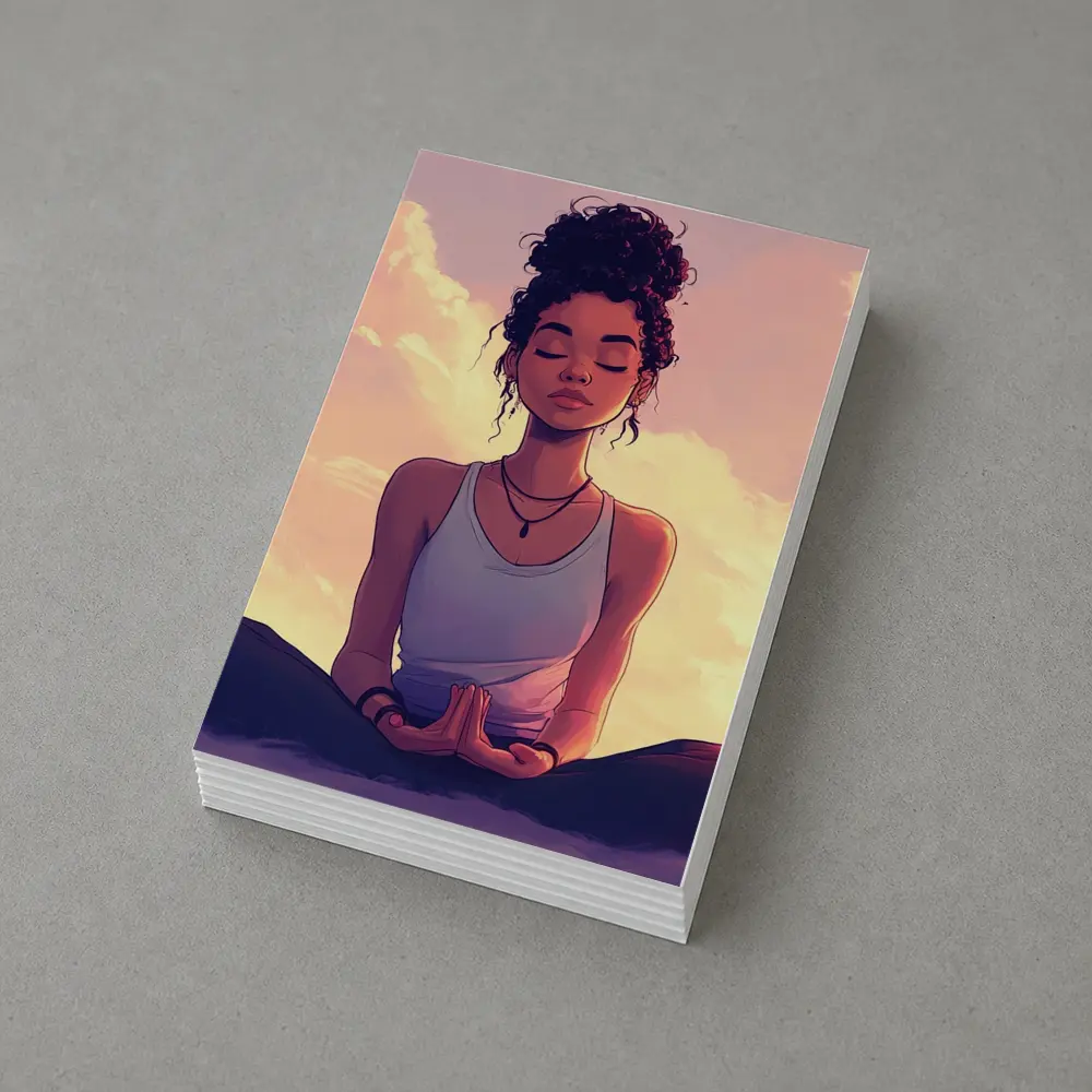 Meditating Woman Lotus Pose Sunset Sky – Postcards