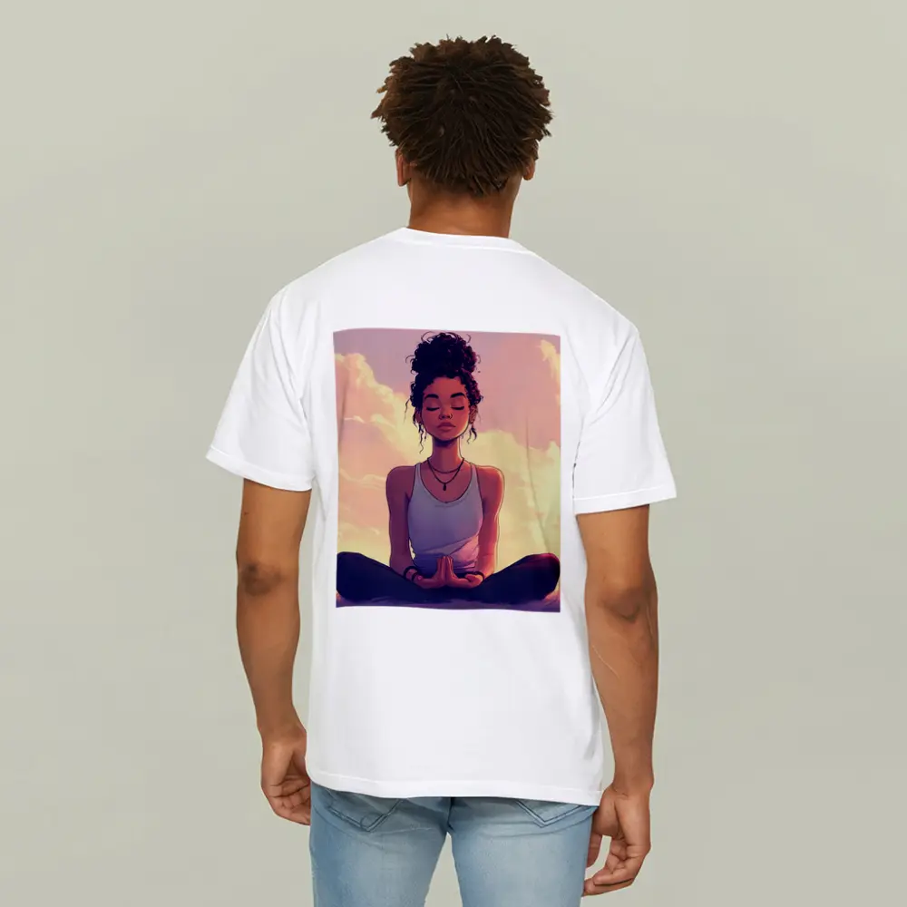 Meditating Woman Lotus Pose Sunset Sky – T-Shirts