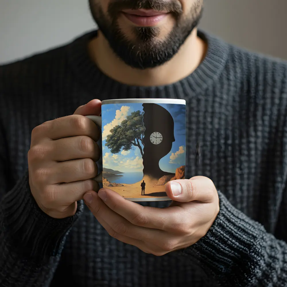 Surreal Human Silhouette Clock Tree Desert – Mugs
