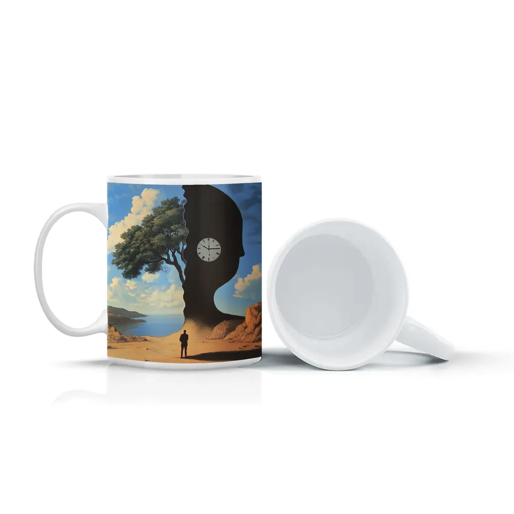 Surreal Human Silhouette Clock Tree Desert – Mugs