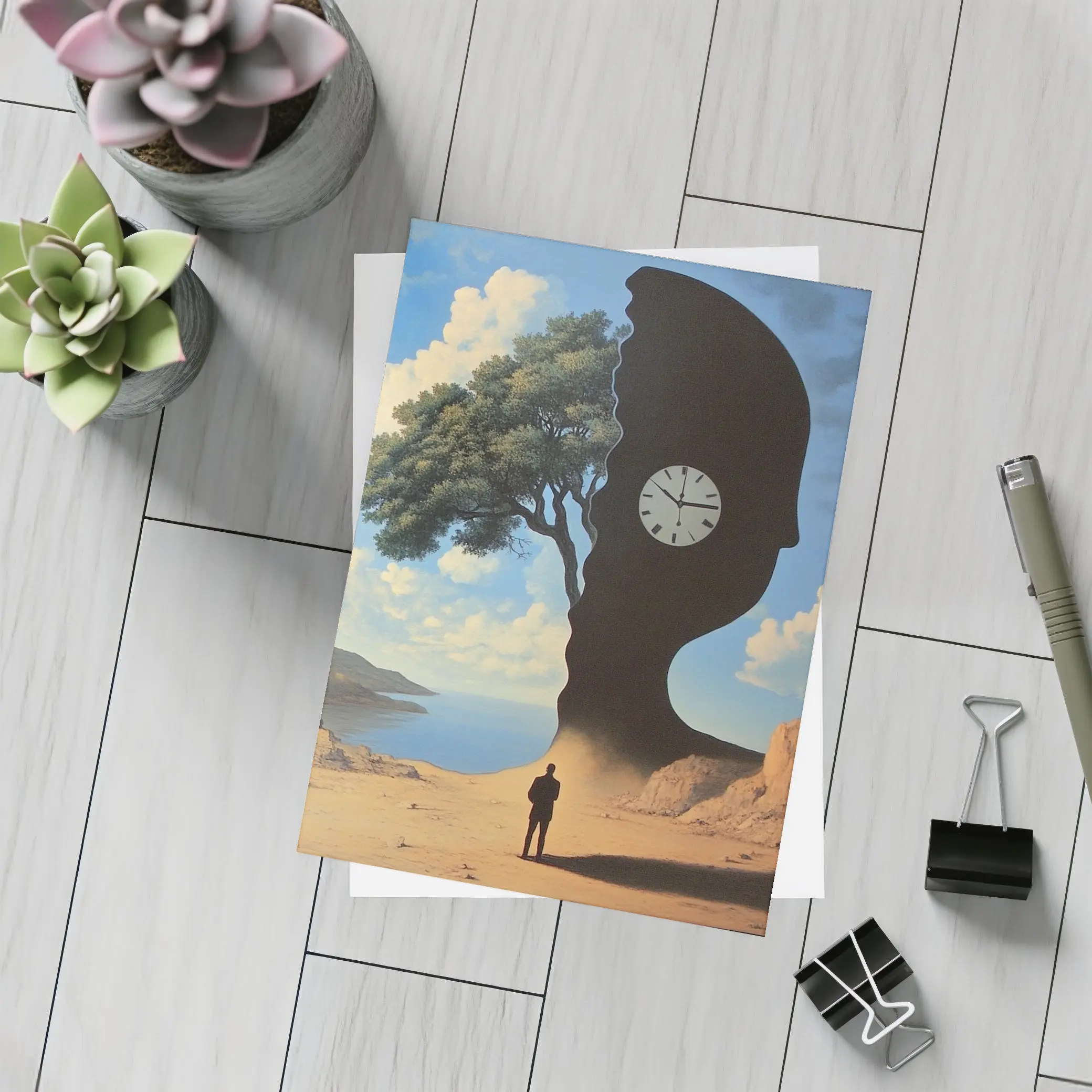Surreal Human Silhouette Clock Tree Desert – Postcards