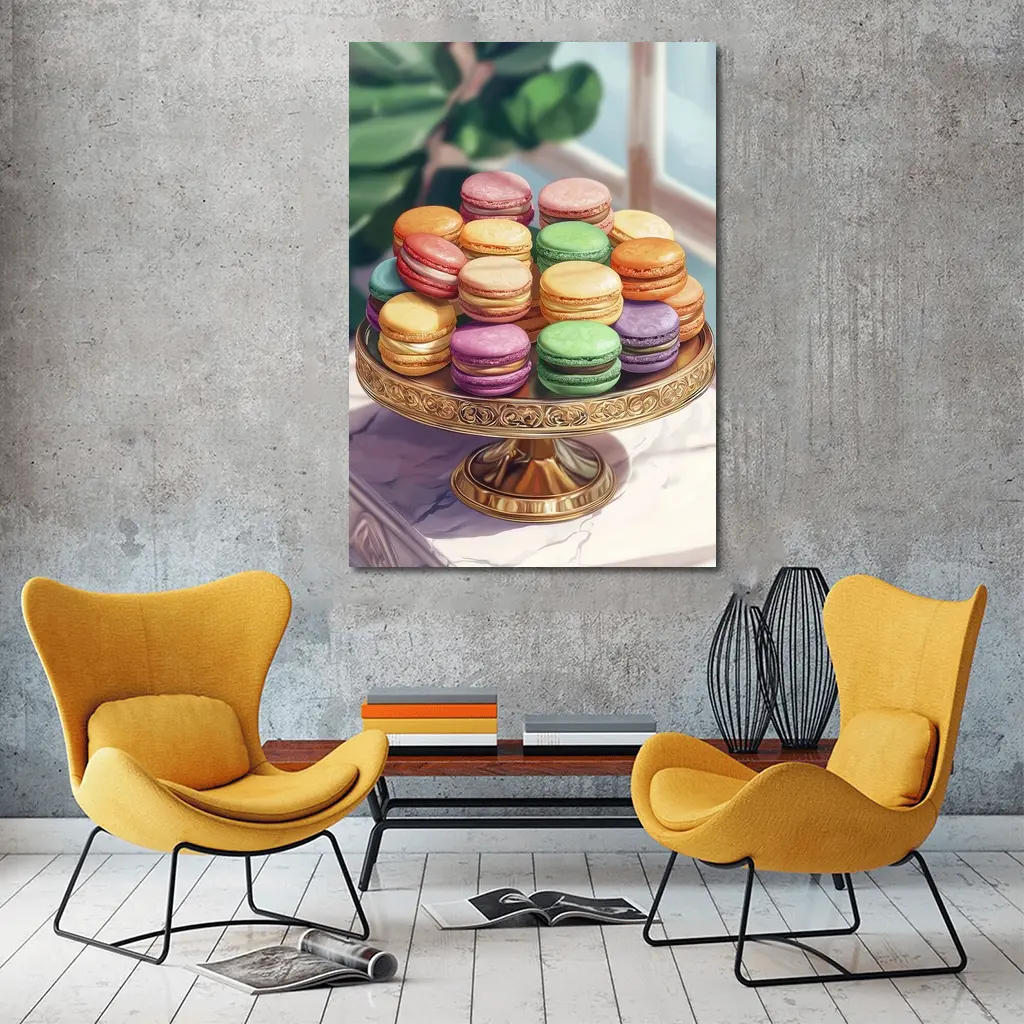 Colorful Macarons on Gold Cake Stand – Wall Art