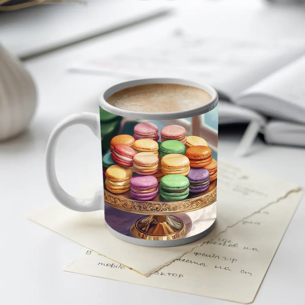 Colorful Macarons on Gold Cake Stand – Mugs
