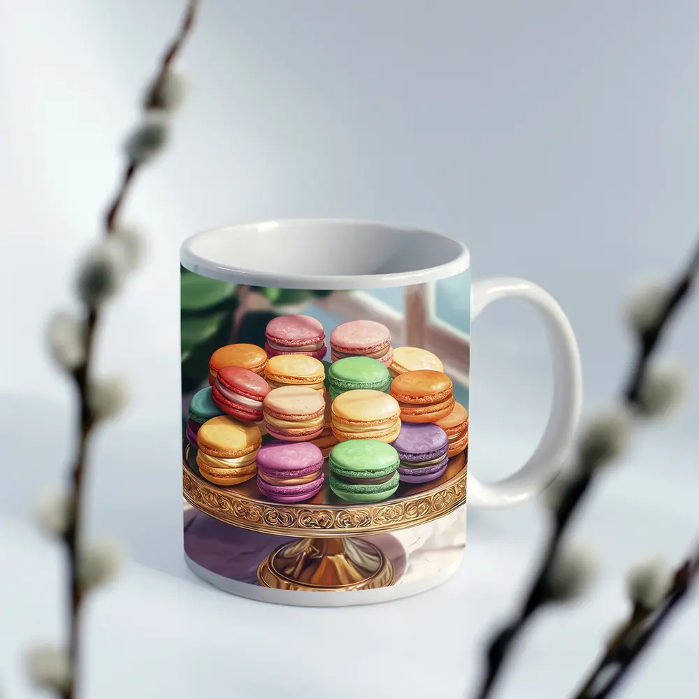 Colorful Macarons on Gold Cake Stand – Mugs