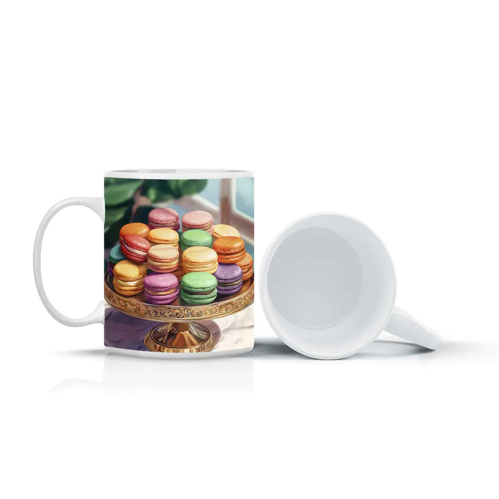 Colorful Macarons on Gold Cake Stand – Mugs