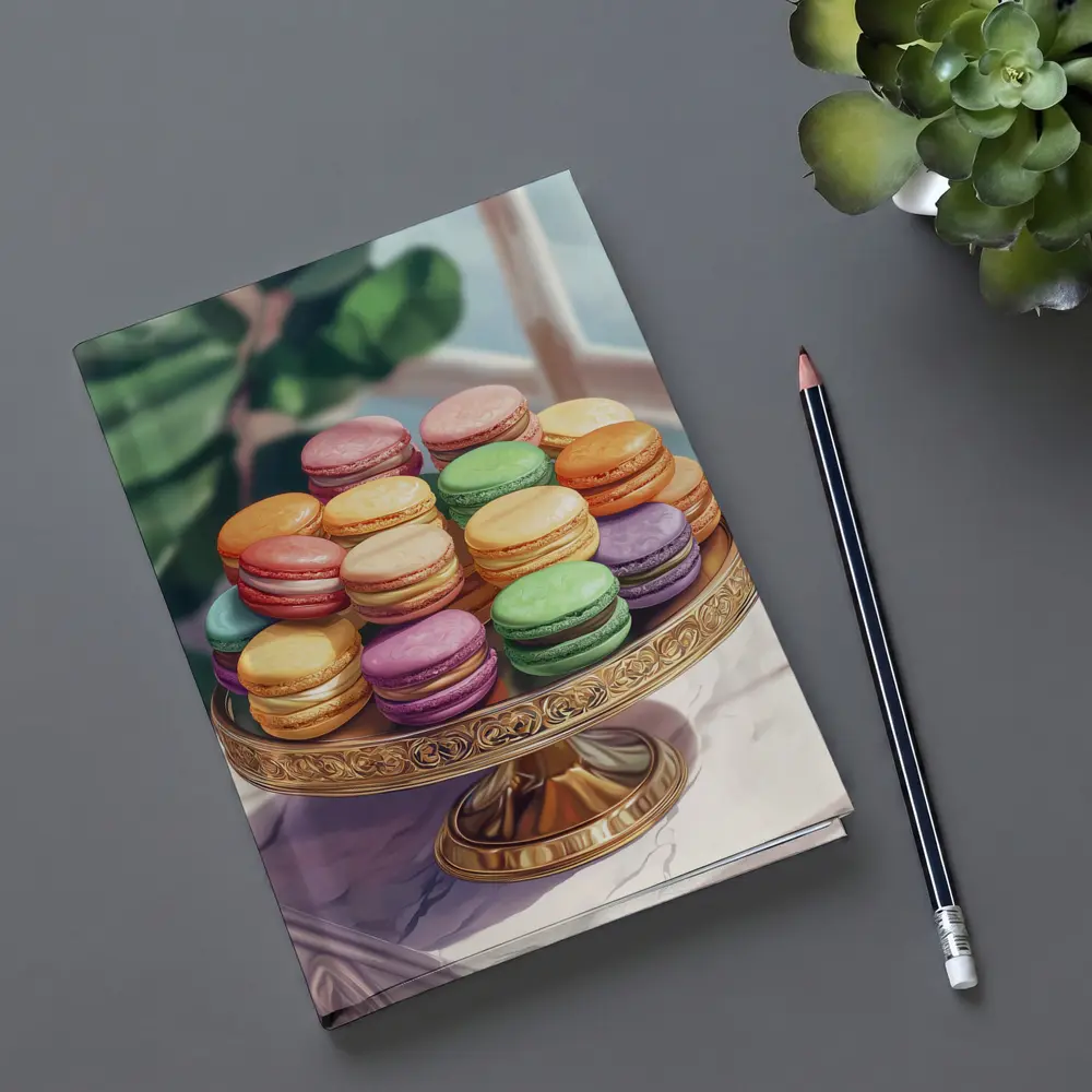 Colorful Macarons on Gold Cake Stand – Notebooks