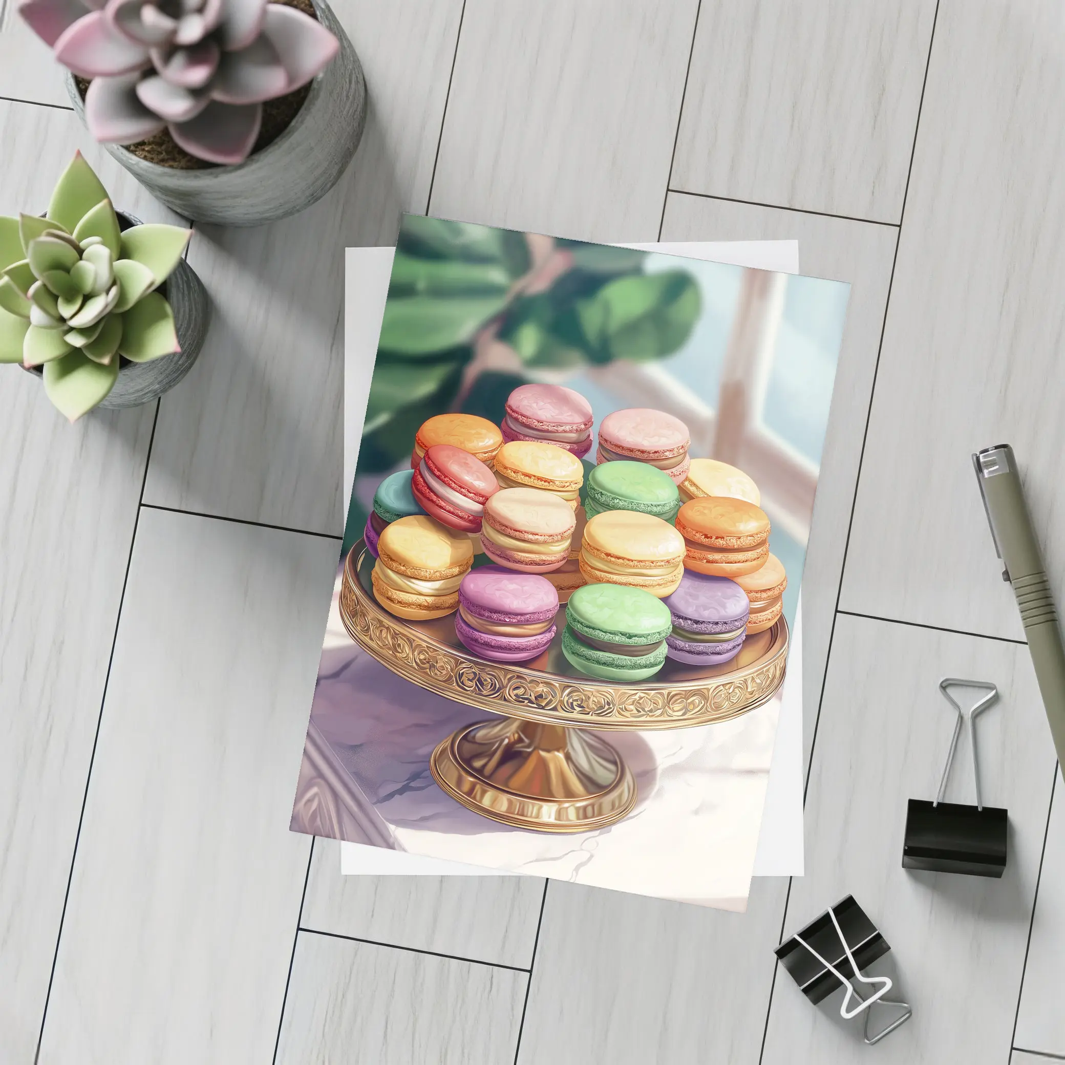 Colorful Macarons on Gold Cake Stand – Postcards