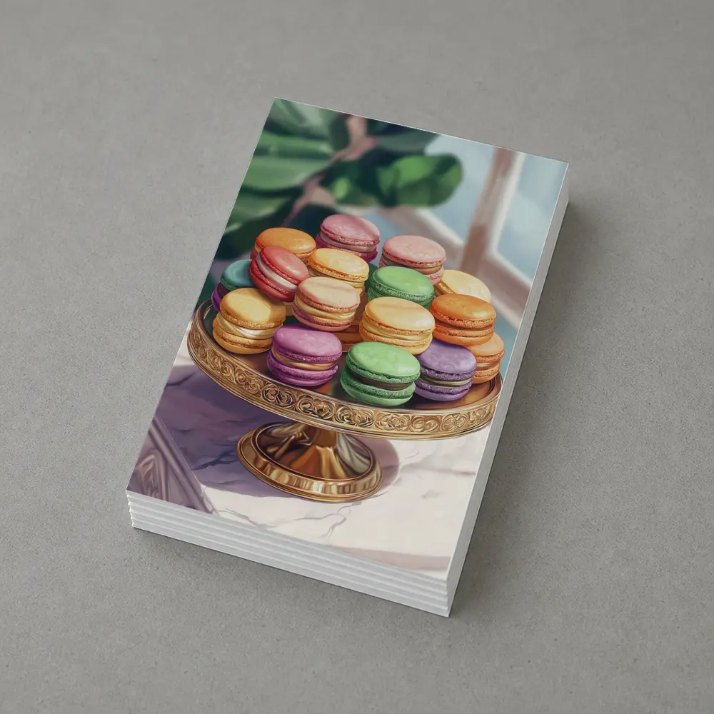 Colorful Macarons on Gold Cake Stand – Postcards
