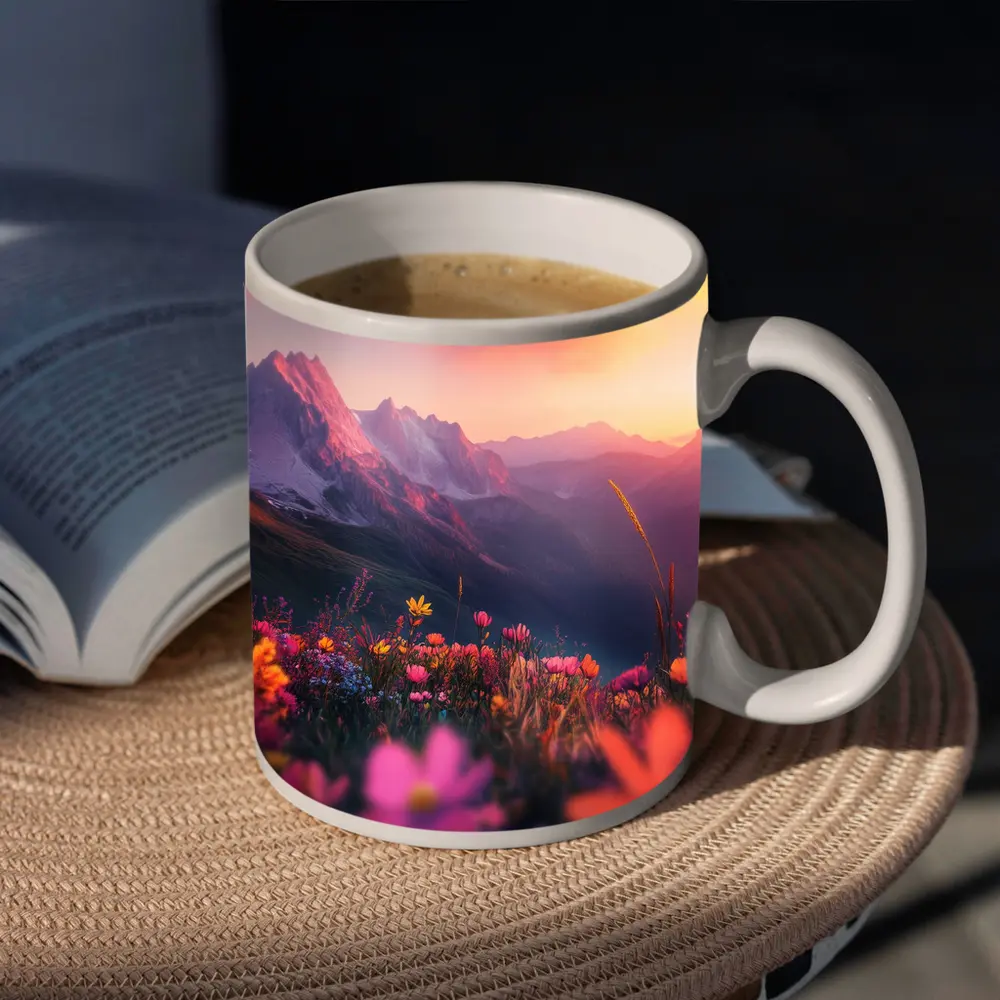 Alpine Wildflowers Meadow Mountain Sunset Glow – Mugs
