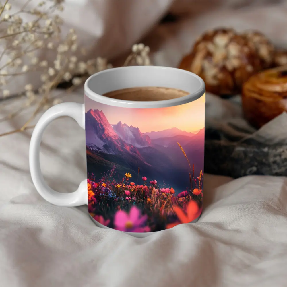 Alpine Wildflowers Meadow Mountain Sunset Glow – Mugs