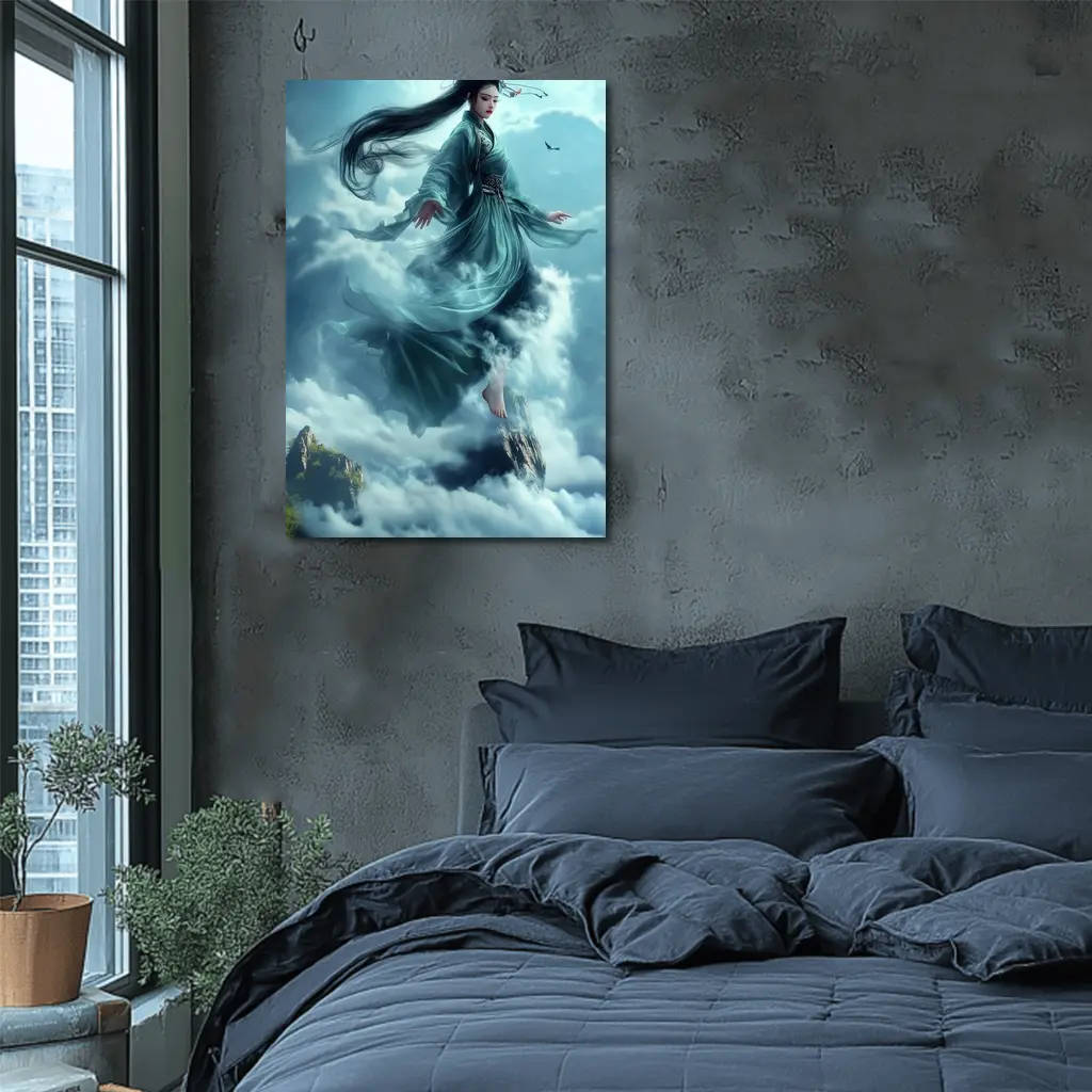 Chinese Goddess Flying Above Mountain Clouds – Wall Art