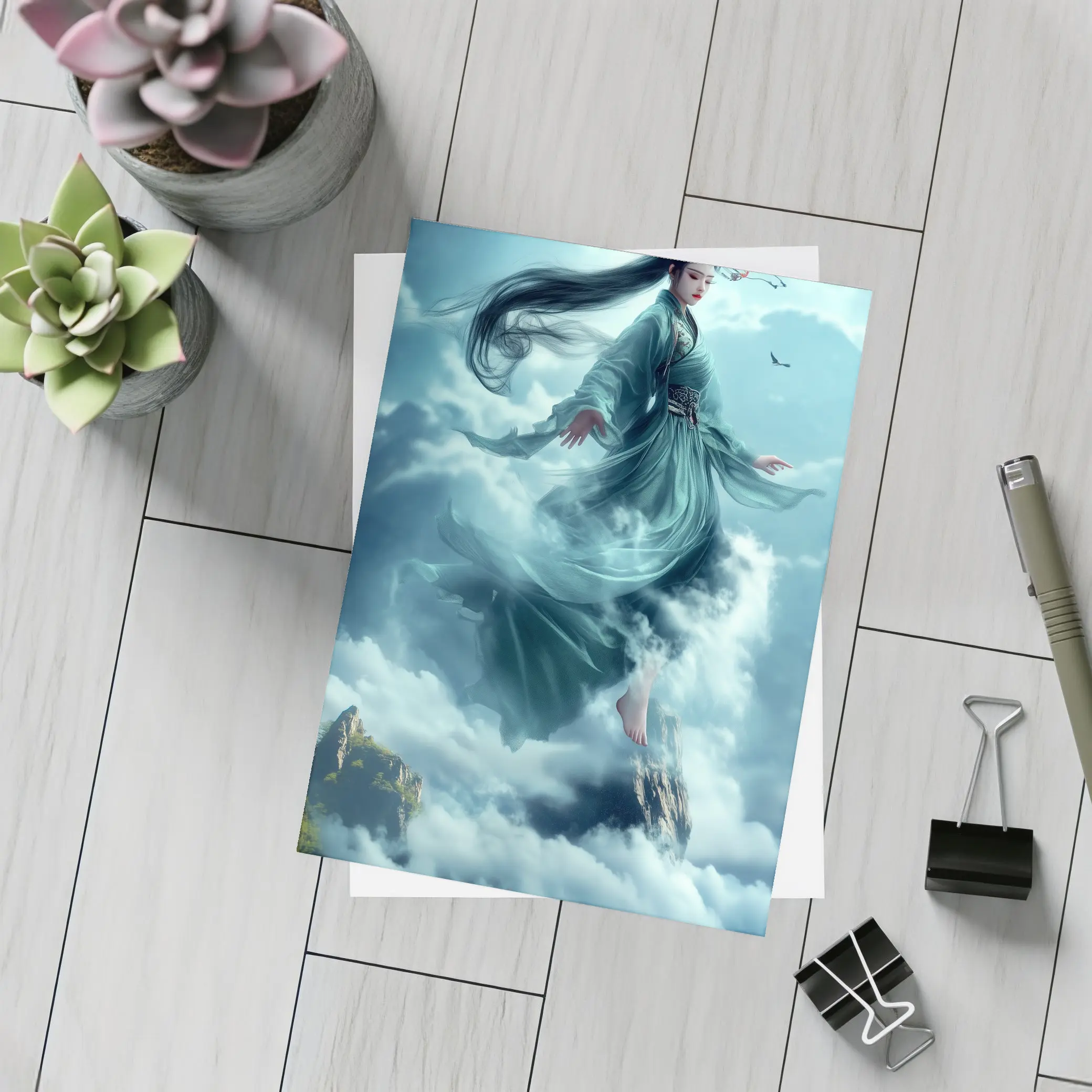Chinese Goddess Flying Above Mountain Clouds – Postcards