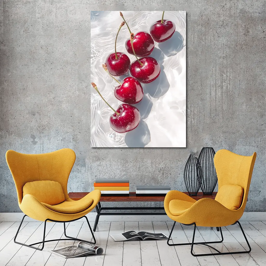 Red Cherries Floating On White Water – Wall Art