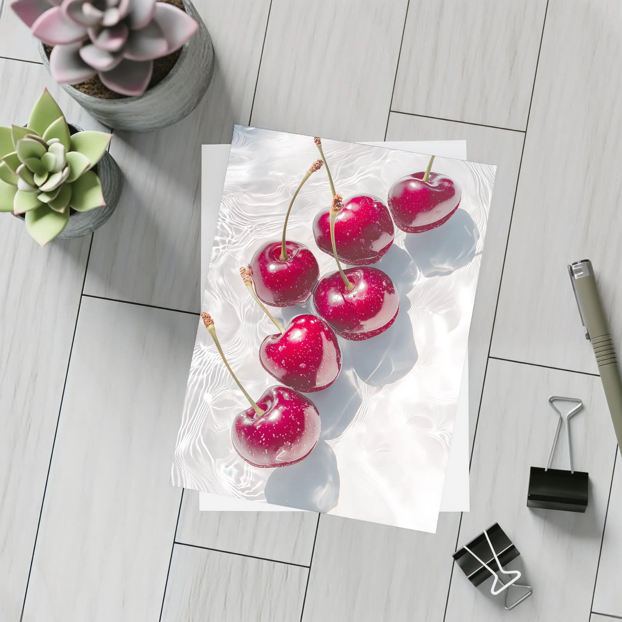 Red Cherries Floating On White Water – Postcards