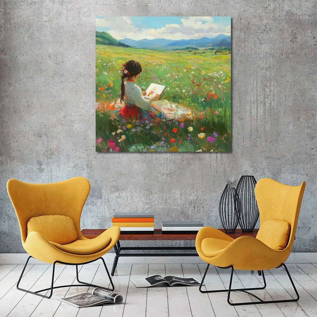 Girl Painting in Colorful Wildflower Meadow – Wall Art