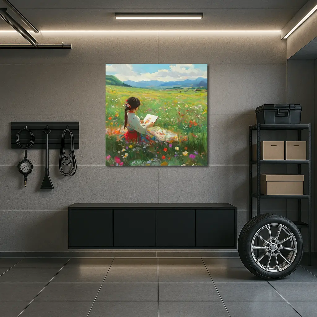 Girl Painting in Colorful Wildflower Meadow – Wall Art
