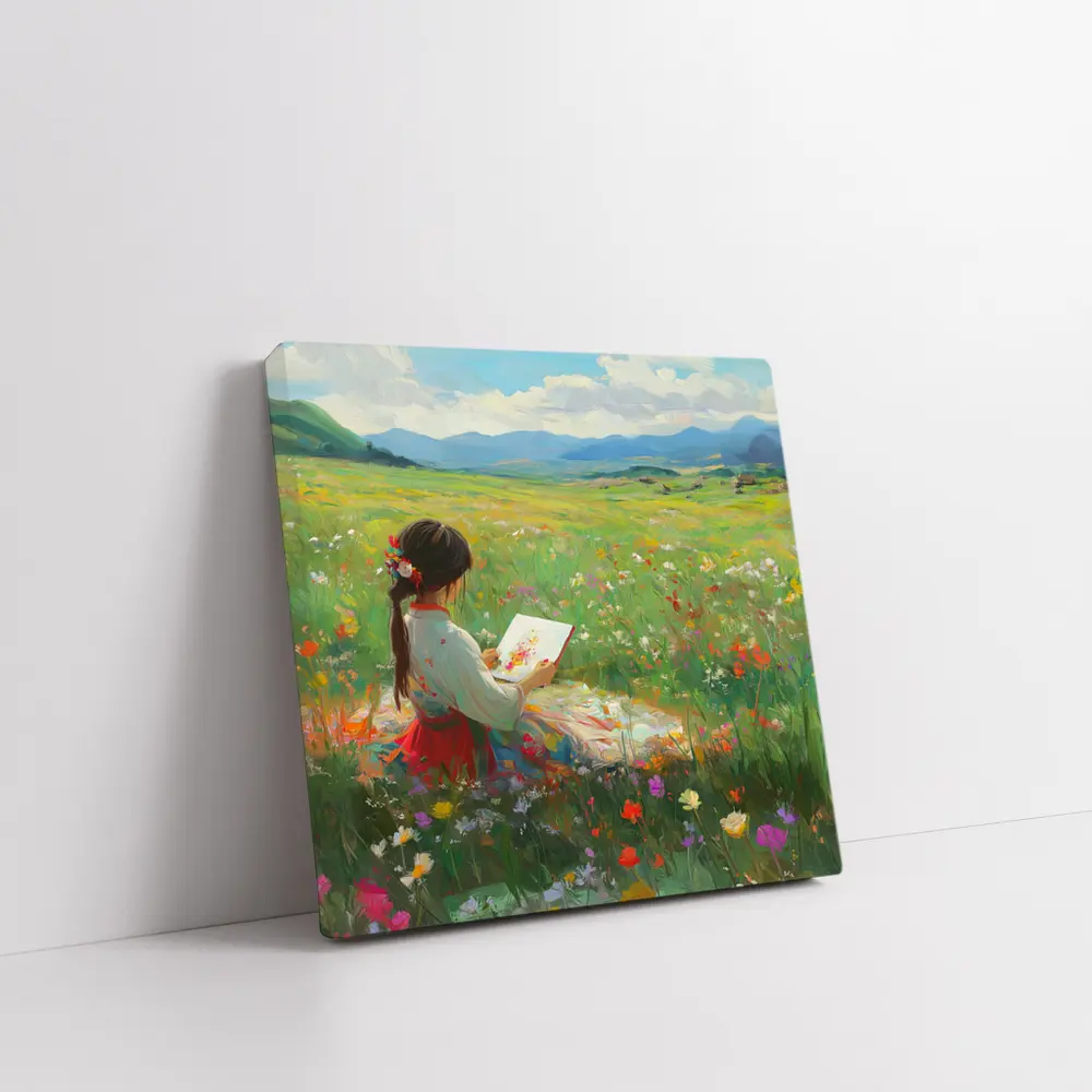 Girl Painting in Colorful Wildflower Meadow – Wall Art